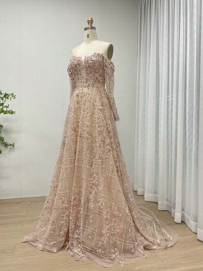 Luxury A-Line Floral Maxi Dress Pink Flowers Decoration Off Shoulder Sweetheart Neckline Party Evening Dress MB40305