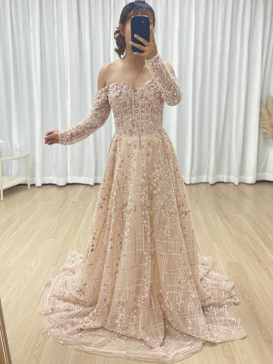 Luxury A-Line Floral Maxi Dress Pink Flowers Decoration Off Shoulder Sweetheart Neckline Party Evening Dress MB40305
