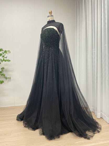 Luxury Evening Gown Detachable Cape Diamond Stylish Top Embellished Evening Dresses for Women Parties MB40306