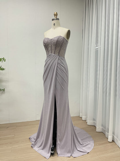 Lavender Sweetheart Pearl Decoration Slit Style Dazzling and Gorgeous Banquet Skirt MB40308