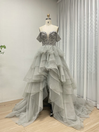 Gray Green Evening Dress Sequined Beaded Deep V Princess Dress Beautiful Split Textured Mesh Skirt MB40309