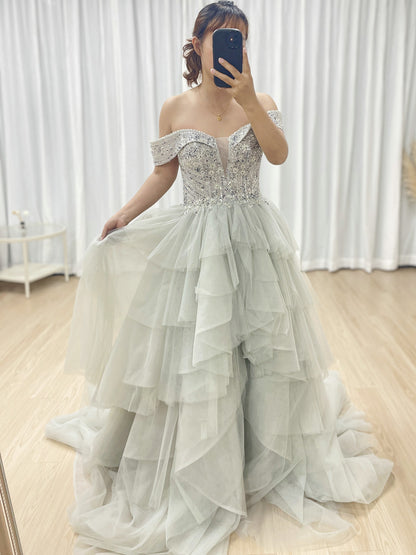 Gray Green Evening Dress Sequined Beaded Deep V Princess Dress Beautiful Split Textured Mesh Skirt MB40309