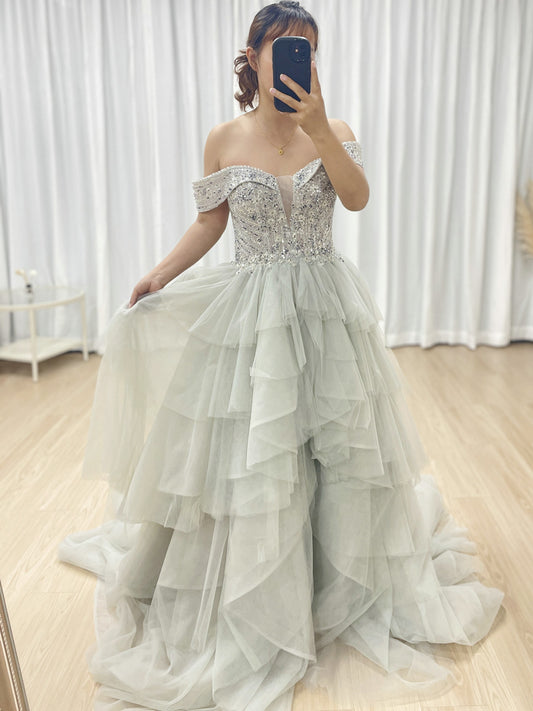 Gray Green Evening Dress Sequined Beaded Deep V Princess Dress Beautiful Split Textured Mesh Skirt MB40309