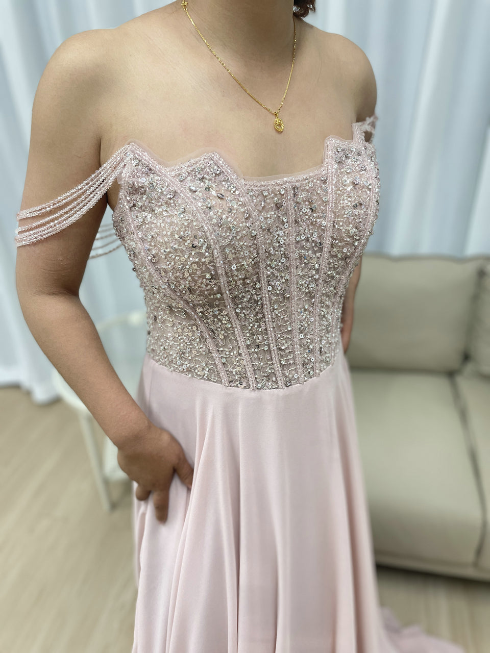 pink Evening Dress Sequins Beading Design Fashionable Off Shoulder Dress Sexy Evening Dress 2025 MB40310