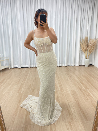 Gorgeous Spahetti Strap Mermaid Evening Pearl Dress | Removable Halter Neck Cape Wedding Party Dress MB40312