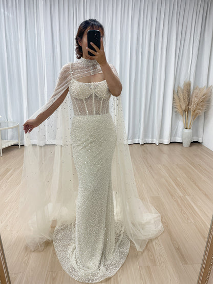 Gorgeous Spahetti Strap Mermaid Evening Pearl Dress | Removable Halter Neck Cape Wedding Party Dress MB40312