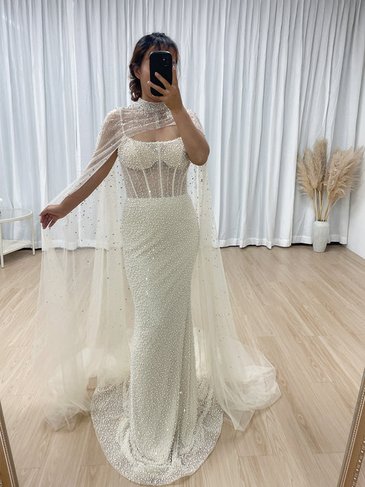 Gorgeous Spahetti Strap Mermaid Evening Pearl Dress | Removable Halter Neck Cape Wedding Party Dress MB40312