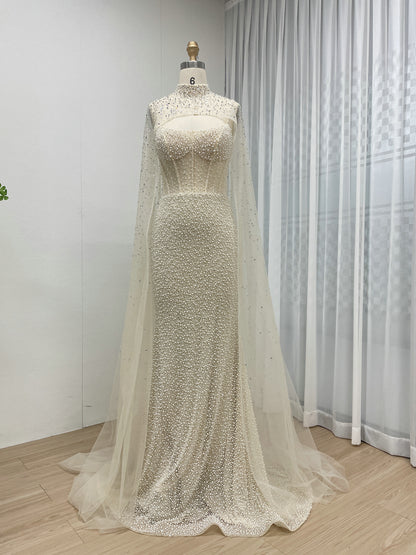 Gorgeous Spahetti Strap Mermaid Evening Pearl Dress | Removable Halter Neck Cape Wedding Party Dress MB40312