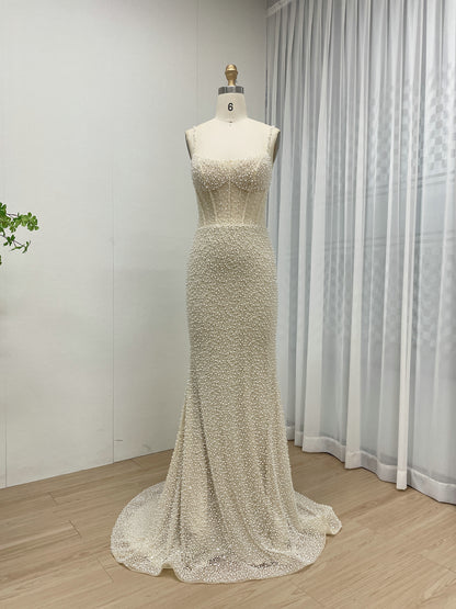 Gorgeous Spahetti Strap Mermaid Evening Pearl Dress | Removable Halter Neck Cape Wedding Party Dress MB40312