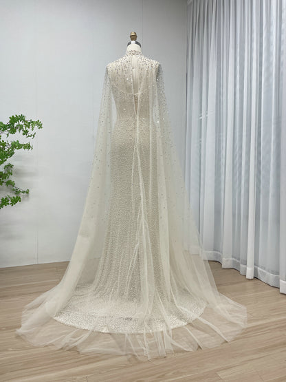 Gorgeous Spahetti Strap Mermaid Evening Pearl Dress | Removable Halter Neck Cape Wedding Party Dress MB40312