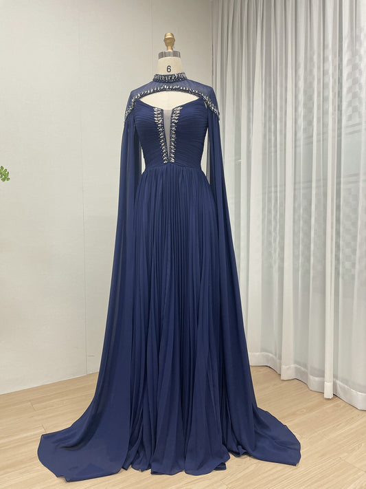 Sexy V Neck beading Blue Muslim Long Sleeve Dress With Detachable Cap Sleeve MB40313
