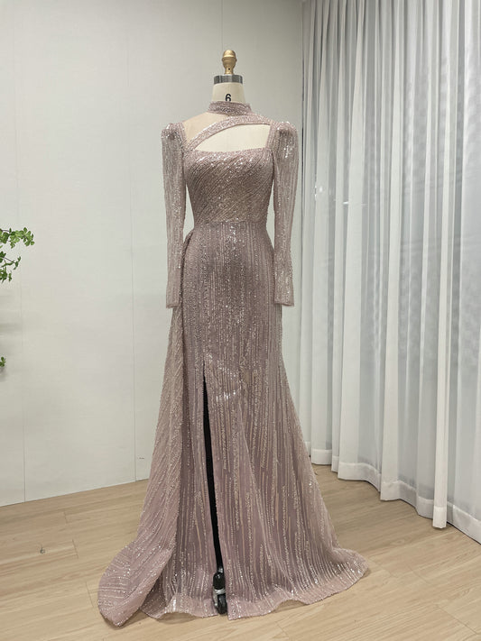 Exquisite Beaded Embroidery Middle Slit Pink Long Sleeve Boat Neck Muslim Long Sleeve Dress MB40316