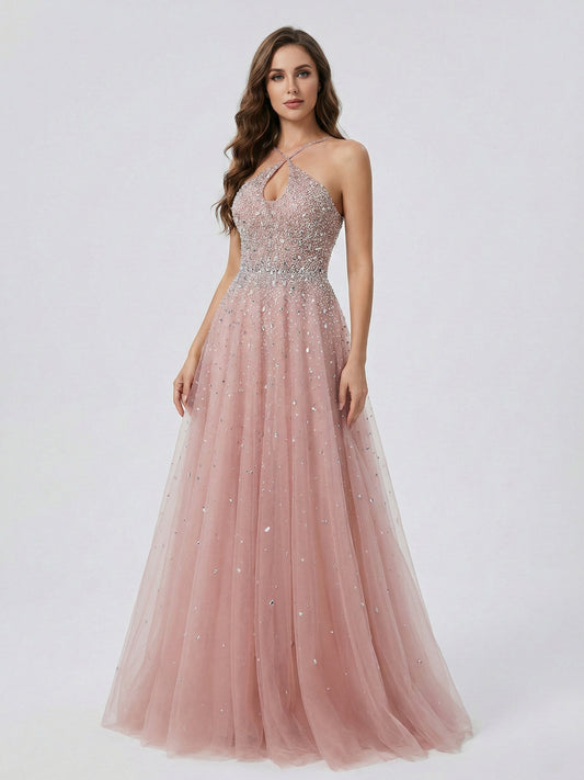 Pink Beaed Halter Prom Dress - A-Line Tulle Formal Gown with Keyhole Bodice MB40317-2