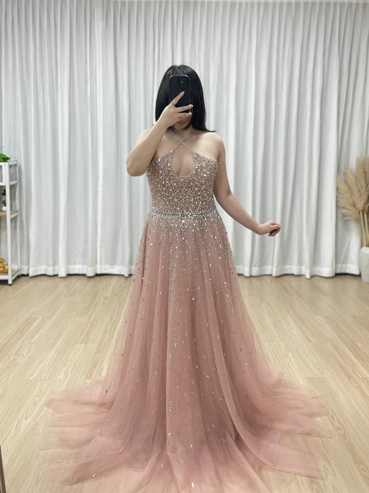 Elegant Pink Tulle Ball Gown for Prom Gala Crystal Beaded Bodice Halter Neck MB40317-2