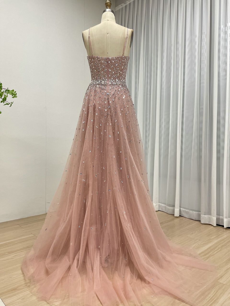 Pink Beaed Halter Prom Dress - A-Line Tulle Formal Gown with Keyhole Bodice MB40317-2