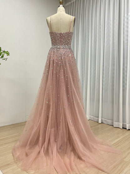 Pink Beaed Halter Prom Dress - A-Line Tulle Formal Gown with Keyhole Bodice MB40317-2
