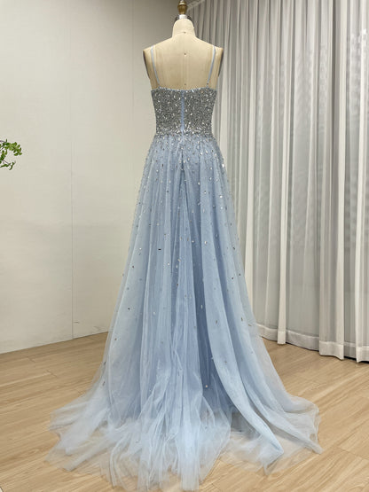Pink Beaed Halter Prom Dress - A-Line Tulle Formal Gown with Keyhole Bodice MB40317-2