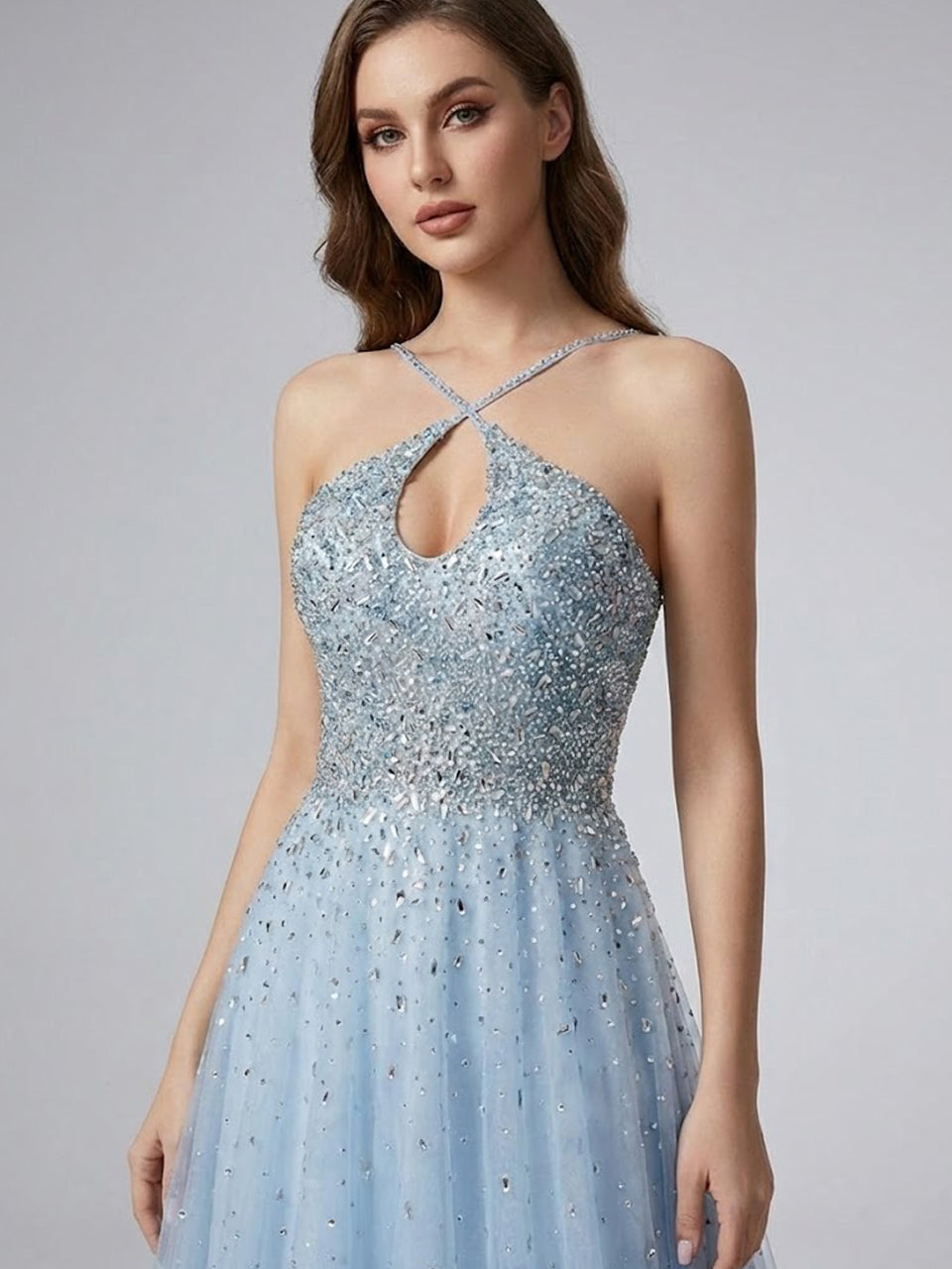 Pink Beaed Halter Prom Dress - A-Line Tulle Formal Gown with Keyhole Bodice MB40317-2