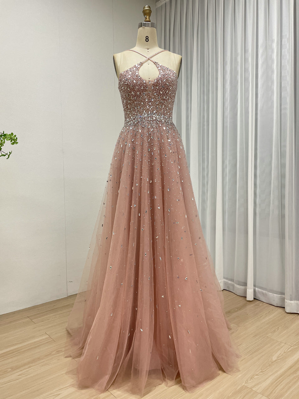 Pink Beaed Halter Prom Dress - A-Line Tulle Formal Gown with Keyhole Bodice MB40317-2