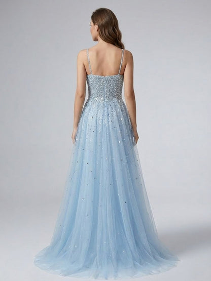 Pink Beaed Halter Prom Dress - A-Line Tulle Formal Gown with Keyhole Bodice MB40317-2