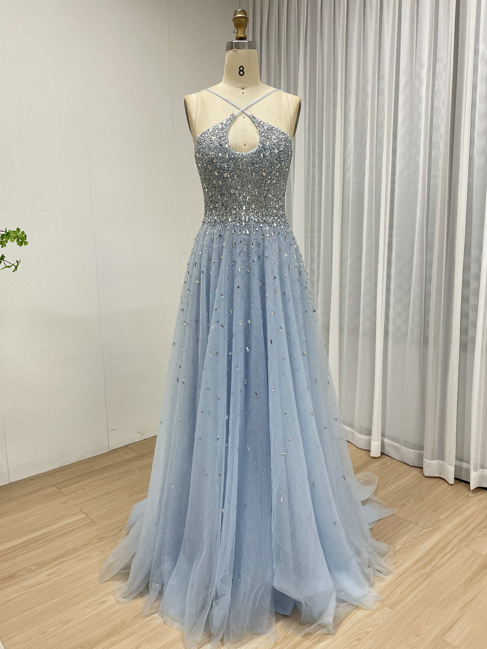 Pink Beaed Halter Prom Dress - A-Line Tulle Formal Gown with Keyhole Bodice MB40317-2