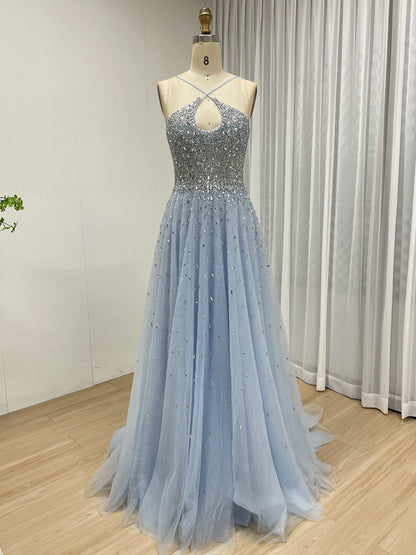 Pink Beaed Halter Prom Dress - A-Line Tulle Formal Gown with Keyhole Bodice MB40317-2