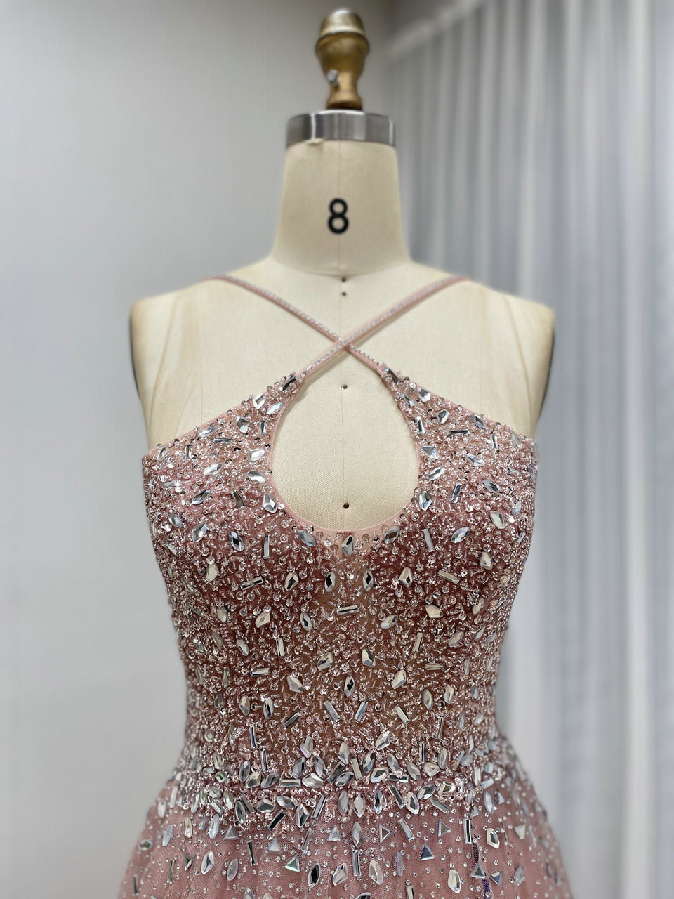 Pink Beaed Halter Prom Dress - A-Line Tulle Formal Gown with Keyhole Bodice MB40317-2