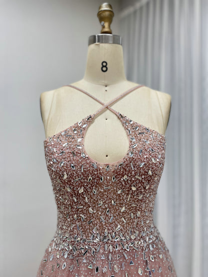 Pink Beaed Halter Prom Dress - A-Line Tulle Formal Gown with Keyhole Bodice MB40317-2