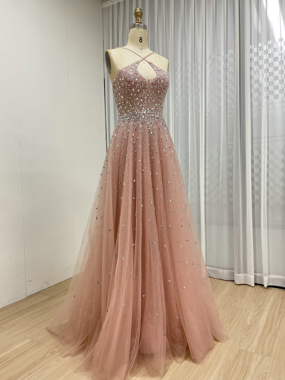 Pink Beaed Halter Prom Dress - A-Line Tulle Formal Gown with Keyhole Bodice MB40317-2