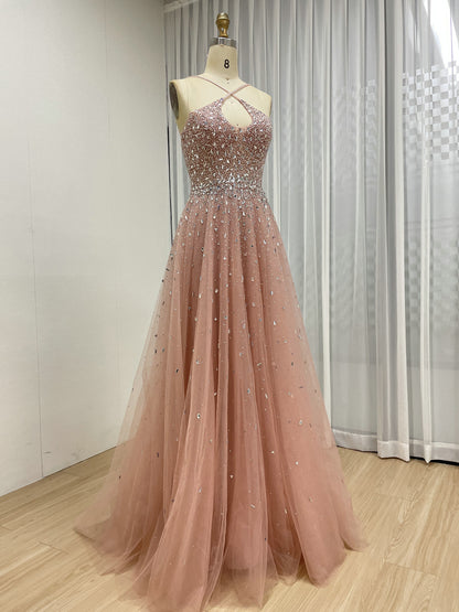 Pink Beaed Halter Prom Dress - A-Line Tulle Formal Gown with Keyhole Bodice MB40317-2