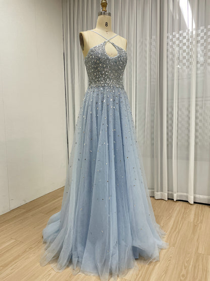 Pink Beaed Halter Prom Dress - A-Line Tulle Formal Gown with Keyhole Bodice MB40317-2