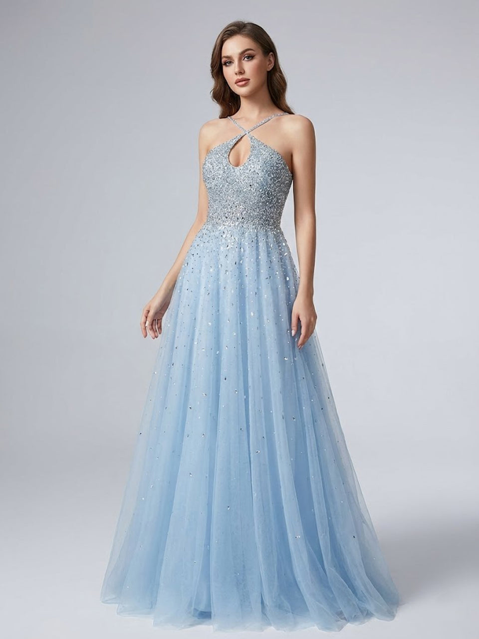 Pink Beaed Halter Prom Dress - A-Line Tulle Formal Gown with Keyhole Bodice MB40317-2