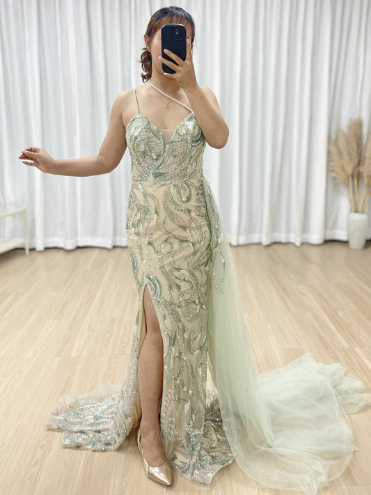 Luxury Beads High Slit Sexy V Neck Evening Gown Suitable for Banquet With Side Train MB40318