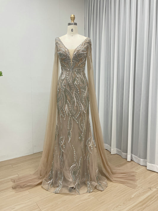 Champagne Elegant Luxury V Neck Mermaid Gown Exquisite Beaded Embroidery Long Sleeves Vintage Evening Dress MB40321