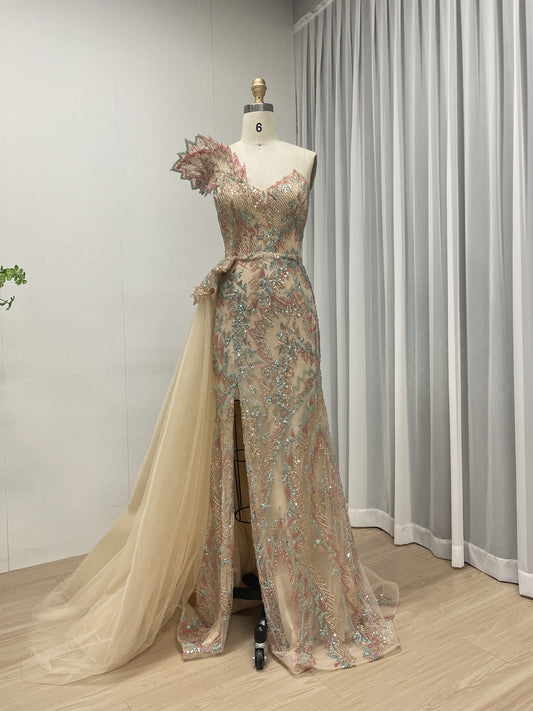 Nude High Slit Sexy Bodycon Banquet Dress Embellished With Exquisite Colorful Embroidered Bead With Side Train MB40323