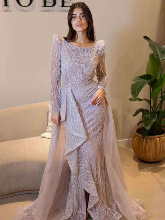 Pink Hight Slit Long See Through Sleeve Embellished With Exquisite Bead Embroidery MB40324