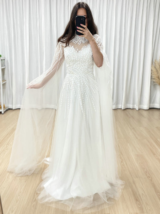 A Line Mother of the Bride Dress With Exquisite Beaded Sequin Embroidery and Graceful Cap Sleeve MB40326