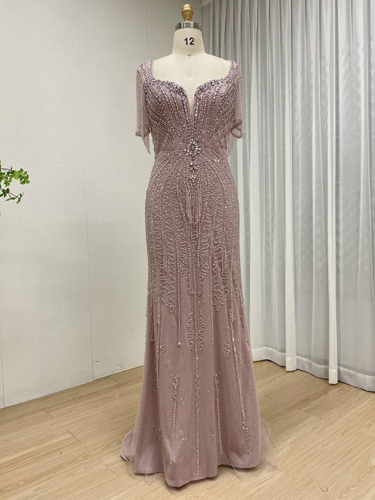 Luxurious Pink Prom Dress with Intricate Crystal Embellishment and Fringe MB40343-2