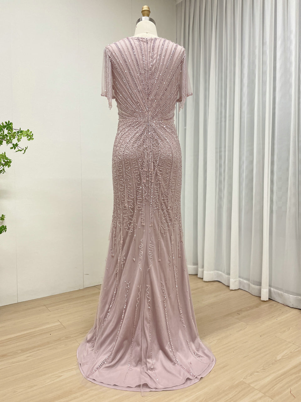 Luxurious Pink Prom Dress with Intricate Crystal Embellishment and Fringe MB40343-2