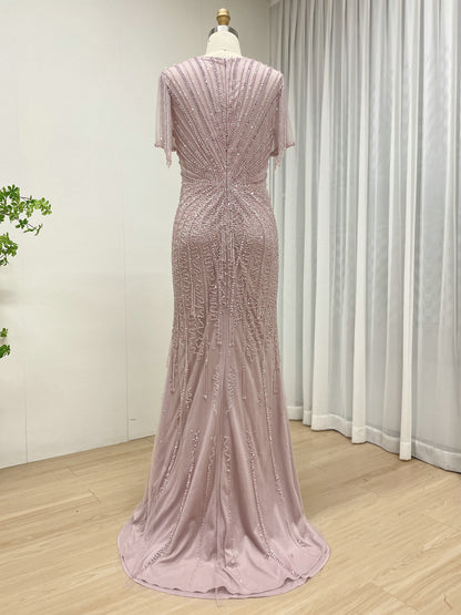 Luxurious Pink Prom Dress with Intricate Crystal Embellishment and Fringe MB40343-2