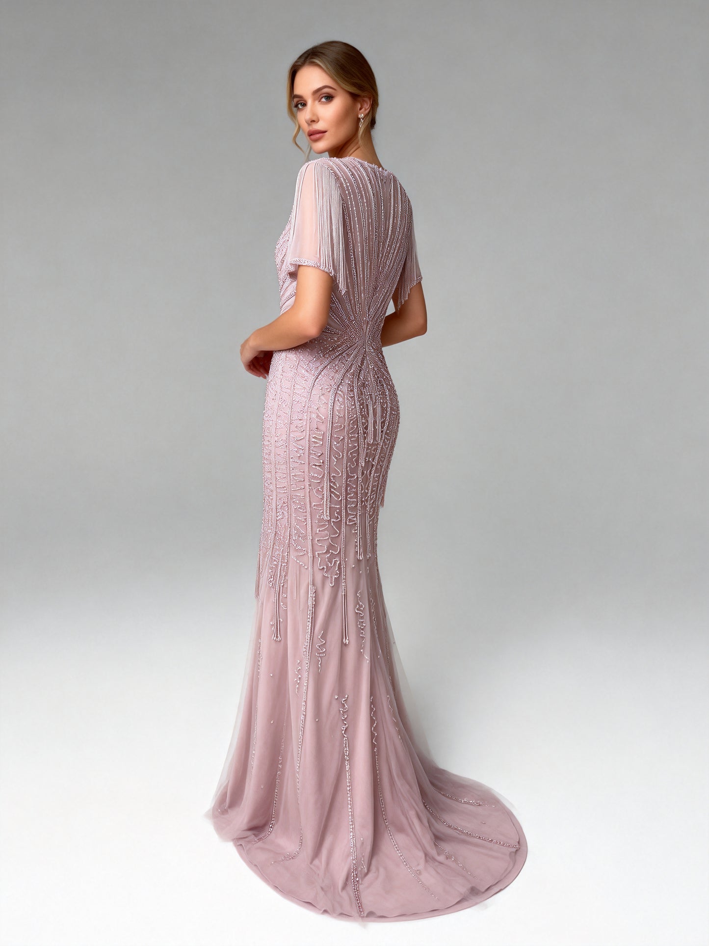 Luxurious Pink Prom Dress with Intricate Crystal Embellishment and Fringe MB40343-2
