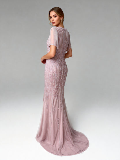Luxurious Pink Prom Dress with Intricate Crystal Embellishment and Fringe MB40343-2
