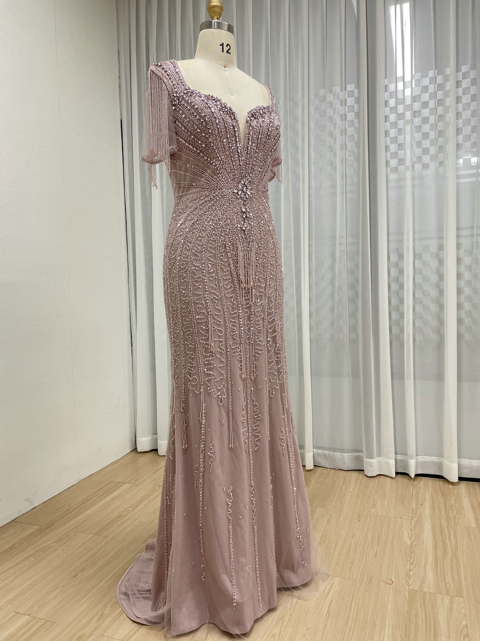 Luxurious Pink Prom Dress with Intricate Crystal Embellishment and Fringe MB40343-2