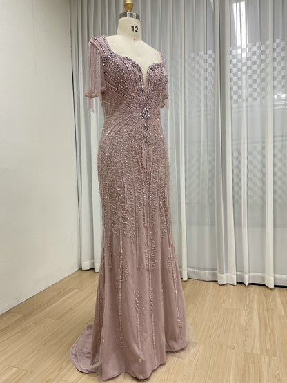 Luxurious Pink Prom Dress with Intricate Crystal Embellishment and Fringe MB40343-2