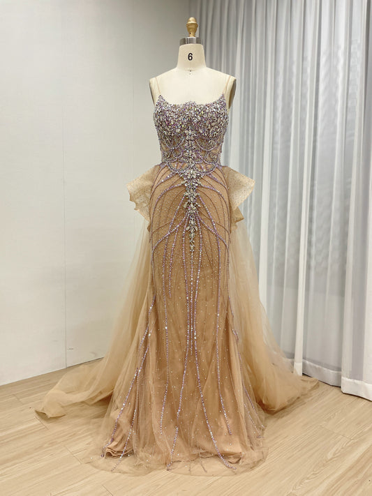 Champagne Prom Dress with Rhinestone Embellishments Peplum Waist Flowing Train MB40344-2