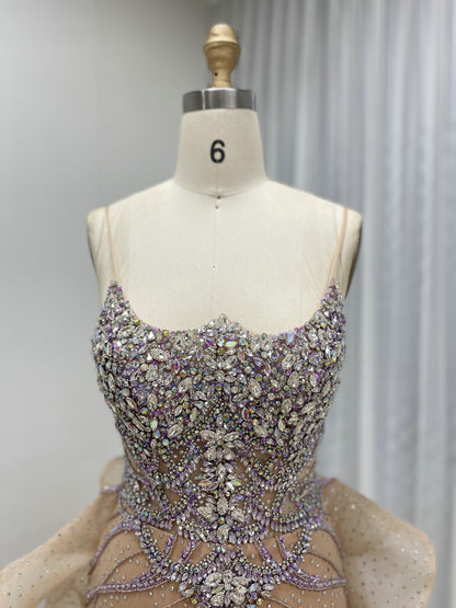 Champagne Prom Dress with Rhinestone Embellishments Peplum Waist Flowing Train MB40344-2