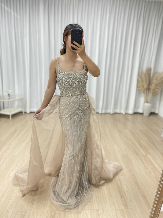 Luxury Strapless Handmade Beading Birthday Party Nude Evening Dress With Removable Overskirt MB40344