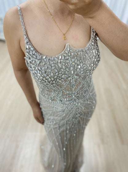 Luxury Strapless Handmade Beading Birthday Party Nude Evening Dress With Removable Overskirt MB40344