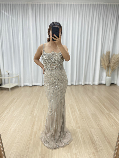 Luxury Strapless Handmade Beading Birthday Party Nude Evening Dress With Removable Overskirt MB40344