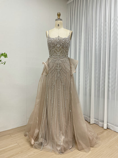 Luxury Strapless Handmade Beading Birthday Party Nude Evening Dress With Removable Overskirt MB40344